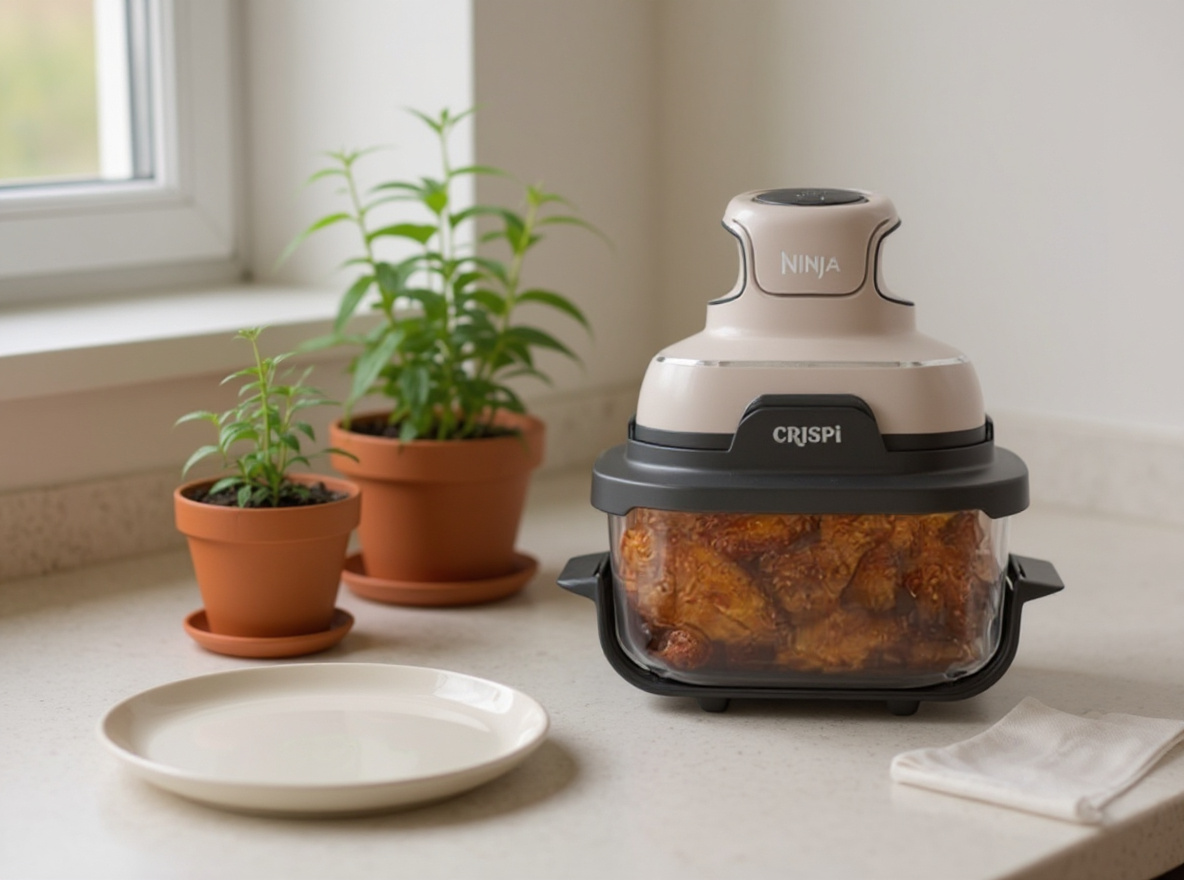 Ninja Crispi 4-in-1 Glass Air Fryer | With Non-Toxic 4QT & 6-Cup Glass Containers & Lids | Microwave, Freezer, Dishwasher Safe | 450°F Max Temp |1500 Watt | Stone | FN101ST